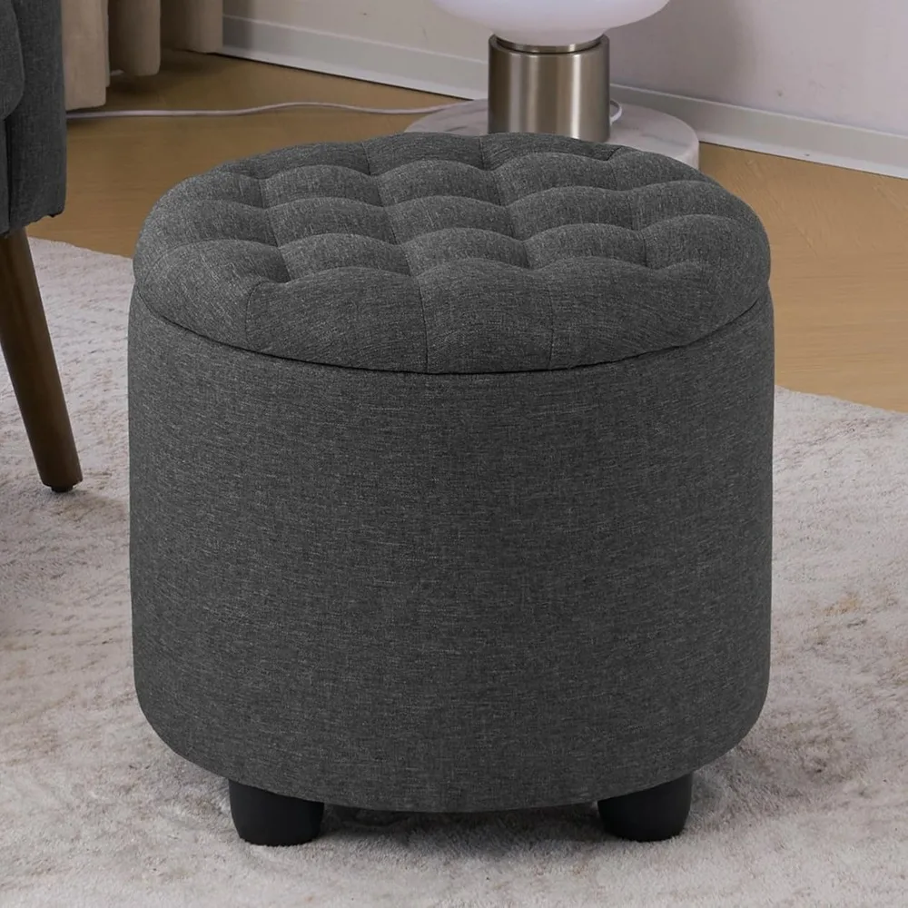 Upholstered Button Tufted Round Ottoman, PU Storage Ottoman Round, Removable Lid Convenient Footstools, Classic Otto