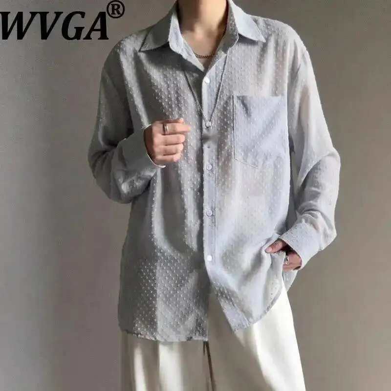 

WVGA Spring Autumn New Men Hollowed Out Breathable Long Sleeve Shirt Niche Chic Casual Sunproof Turn-Down Collar Tops Ins W25458