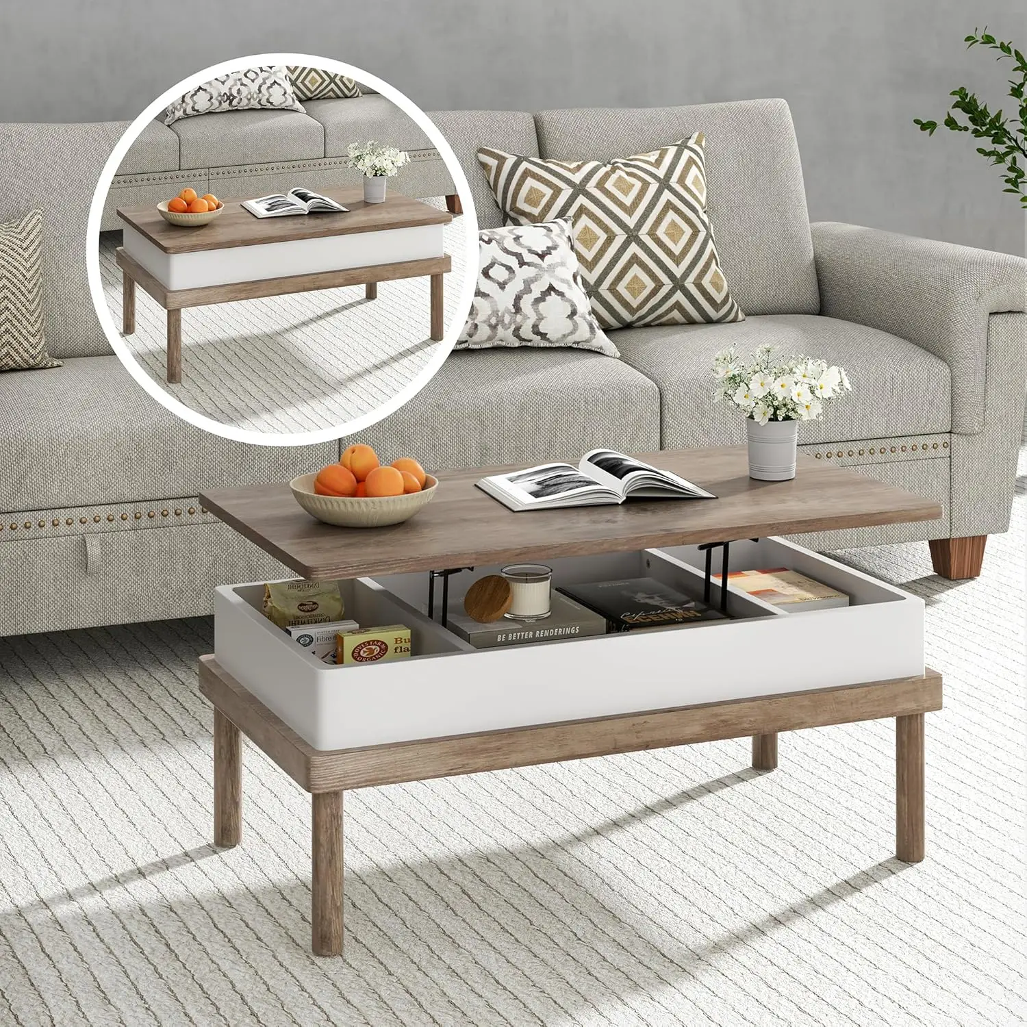 Ivory Lift Top Coffee Table - Rising Tabletop Convertible to Dining Table with Hidden Compartment for Living Room/Office/Home