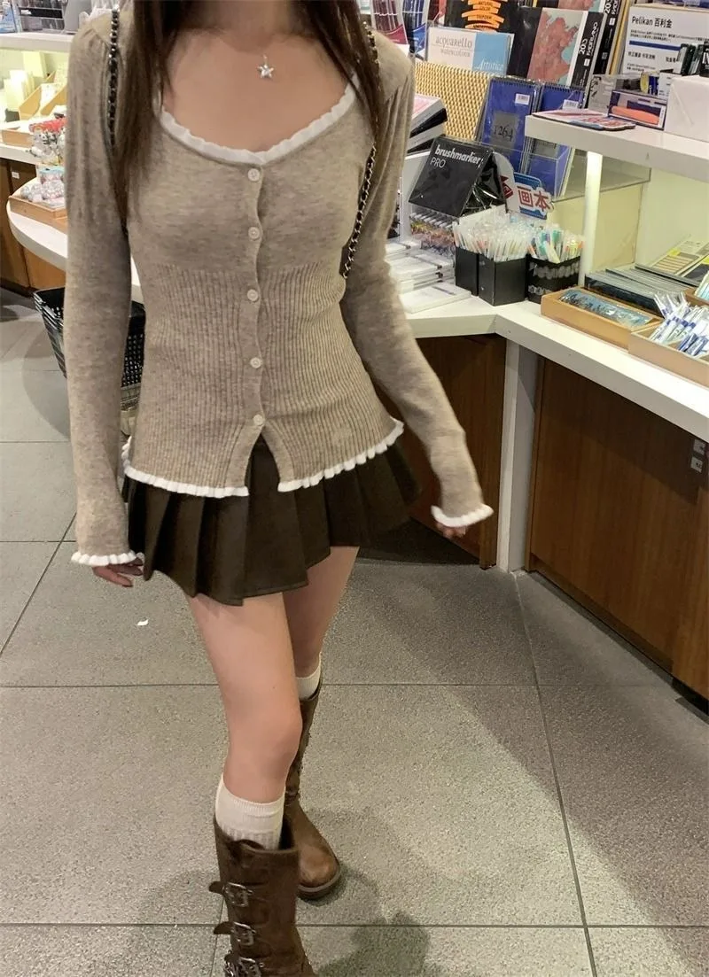 Korean Fashion Long Sleeve Cardigan Tops Autumn Spring Sweater 90s Vintage Knit Mori Girl Square Collar Lace Spliced Knitwears