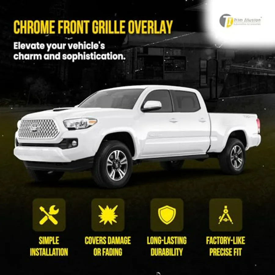 تراكب شبكة أمامية من الكروم مع شريط لاصق آمن لـ 2018-2019 Toyota Tacoma TRD Sport، TRD للطرق الوعرة | سهلة التركيب - #2
