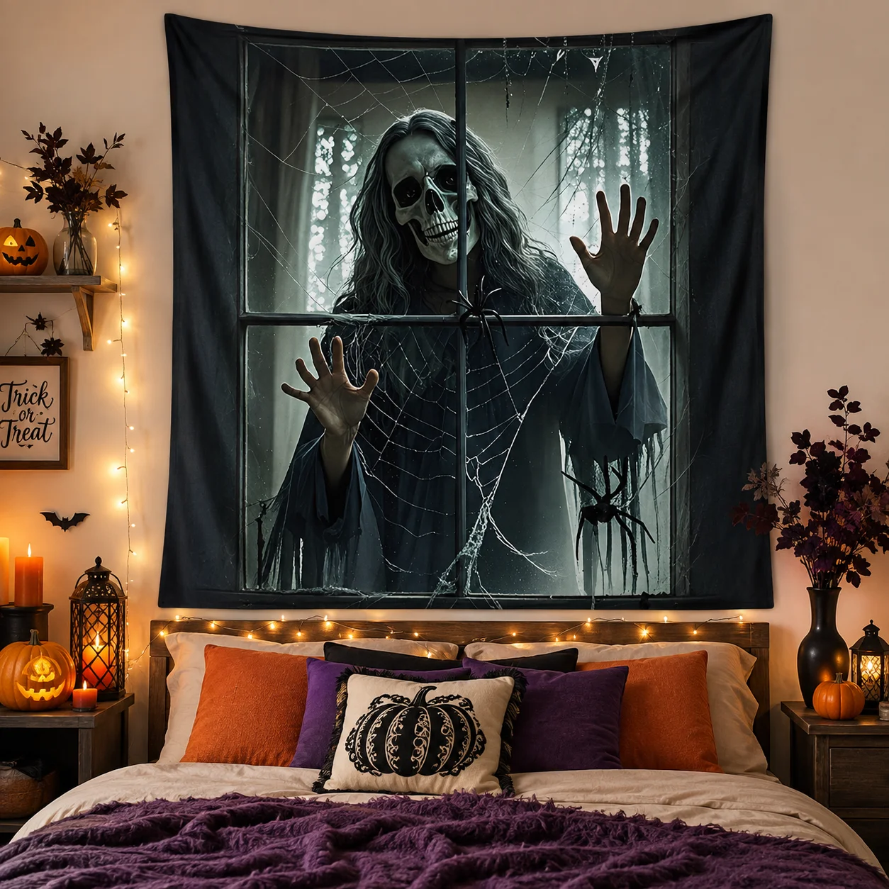 2D Flat, 2D Flat 1pc Happy Halloween Overlay Window Cover Decoration, Hanging Party Banner with Skeleton Figure Outside the Window, Spider Web and Black Spider Elements, Mysterious Atmosphere Theme.Suitable for Outdoor and Indoor Use