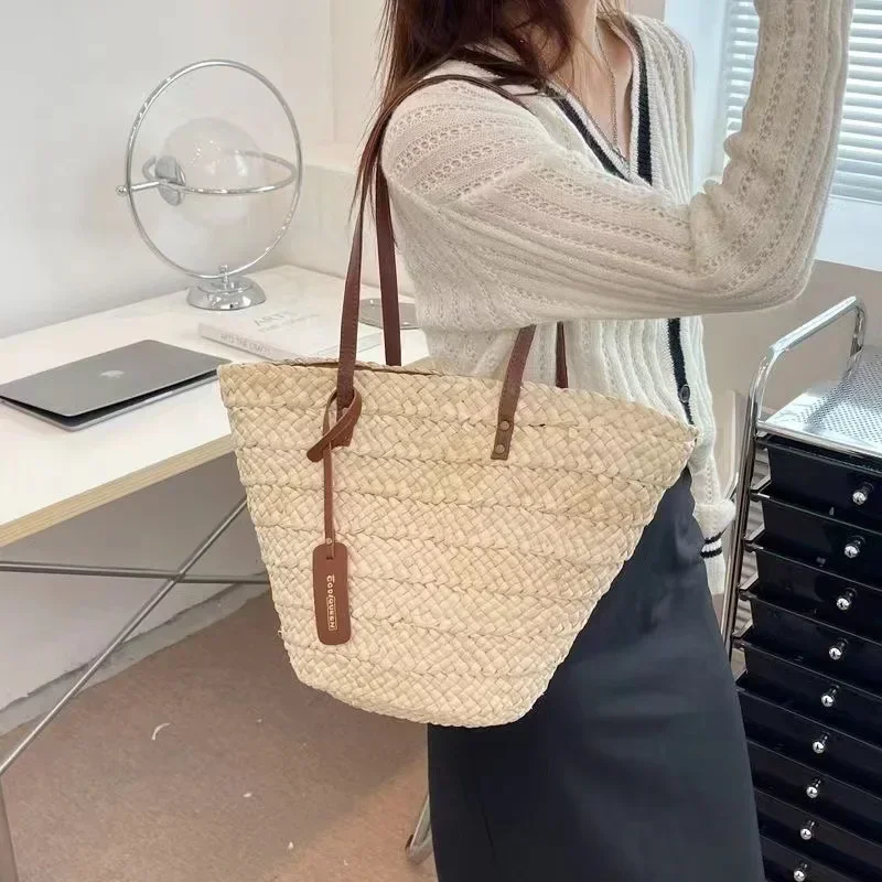 

Trendy New French Style Straw Tote Bag Handmade Corn Husk Material Bohemian Shoulder Bag Large Capacity Beach Purse Casual Bag​