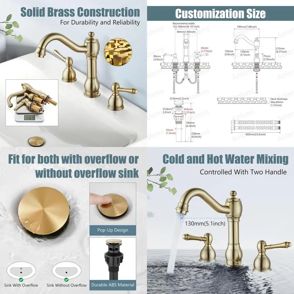 

8 Widespread Deck-Mounted 3-Hole Bathroom Sink Faucet with Upstream Drain in Brushed Gold Finish