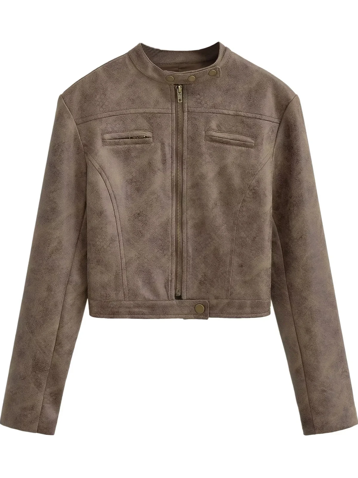 레트로 아메리칸 골드 스탬프 브라운 스탠드 칼라 슬림핏 가죽 재킷 여성용 오토바이 재킷 탑 PU 소재 롱 슬리브