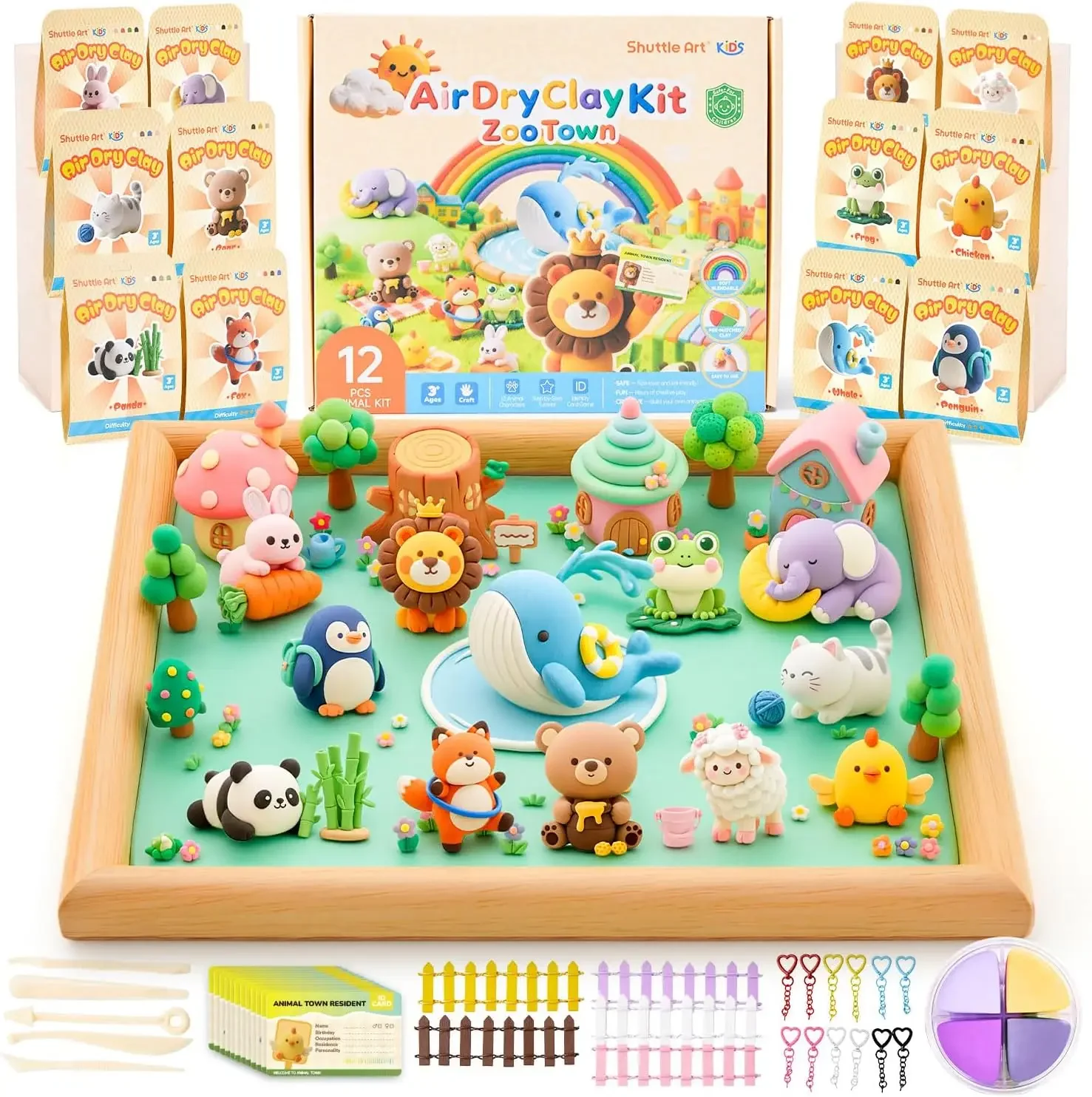 

55 PCS Air Dry Clay Kit - Zoo Animals, Non-Sticky, No Bake, Craft Gift for Kids
