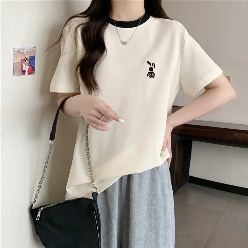 Real-life Short-sleeved T-shirt for Women in Summer New Loose and Versatile Trendy Brand Embroidered Half-sleeved Top