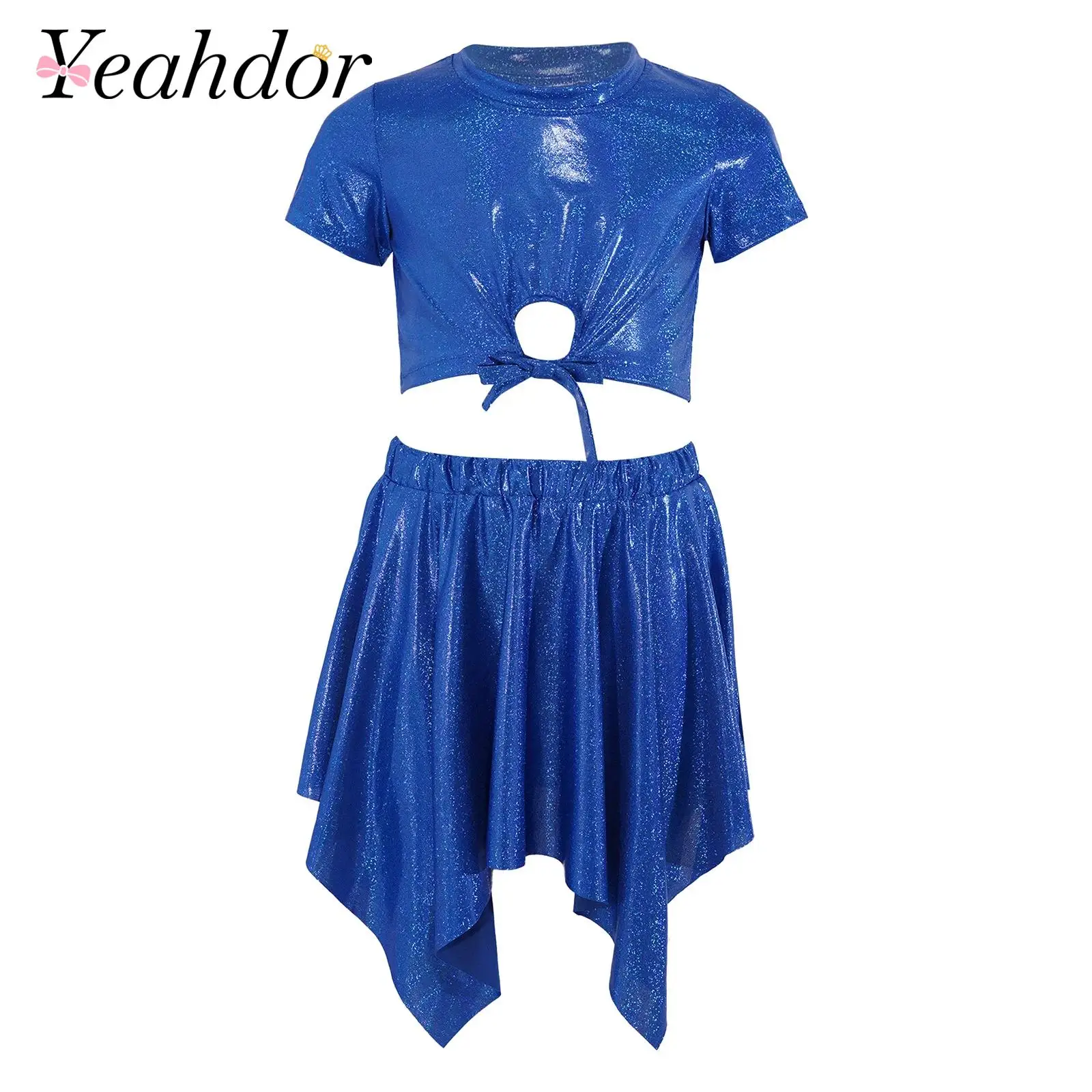

Kids Girls Metallic Hip Hop Cheerleading Costume Childs Jazz Dance Outfit Short-sleeve Tie-front T-shirt with Asymmetrical Skirt