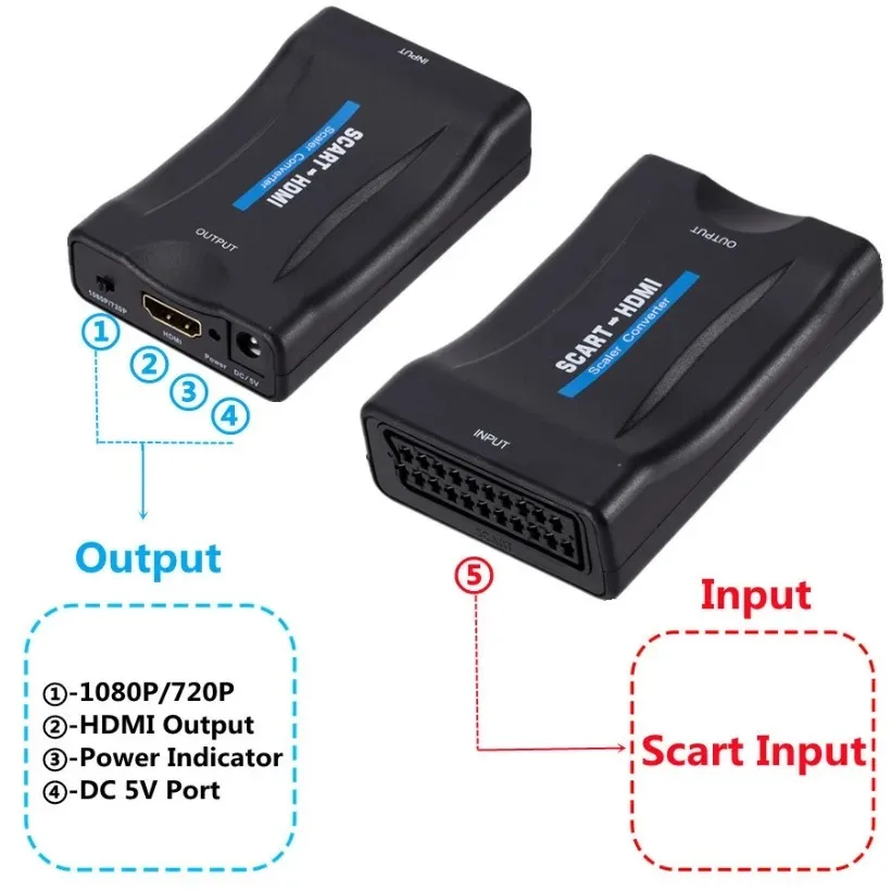 MnnWuu 1080P SCART To HDMI-compatible Video Audio Upscale Converter Adapter for HD TV DVD for Sky Box STB Plug and Play DC Cable