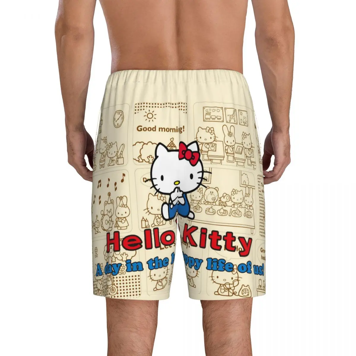 Anime Hello Kitty Bow pijama Shorts dos homens, pijamas, Bottoms Sleep Short Pjs com bolsos, desenhos animados impressos personalizados, Anime