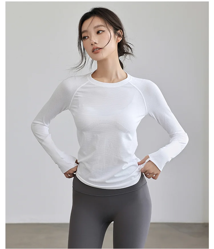 Women's Autumn & Winter Yoga Comprehensive Training Top High-Elastic Slim Crew Neck Quick-Dry Sports Long-Sleeve Fitness Clothes