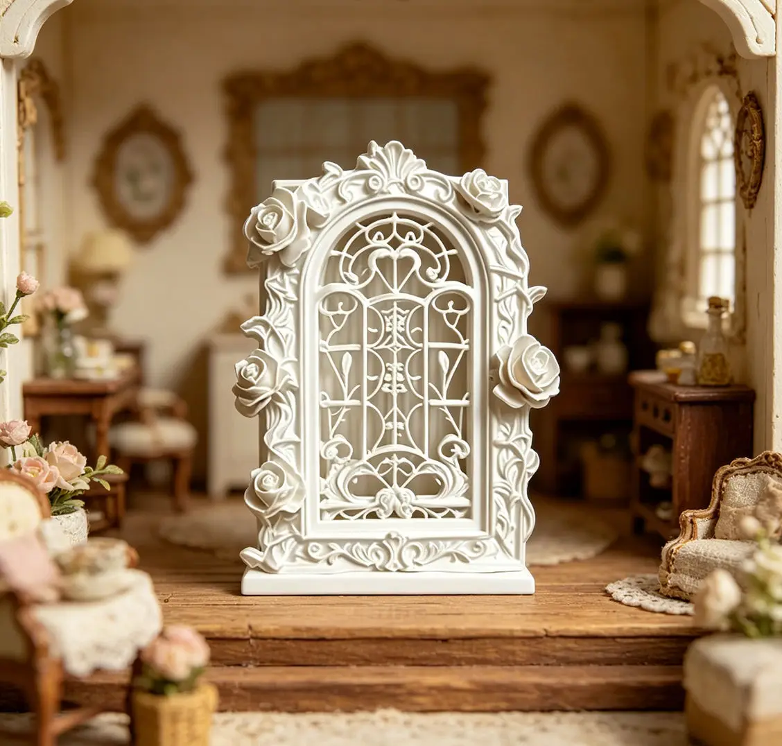 

1:12 Scale Dollhouse Rose Ornate Window,Vintage Carved Wall Decor,Miniature Scene Layout Accessory