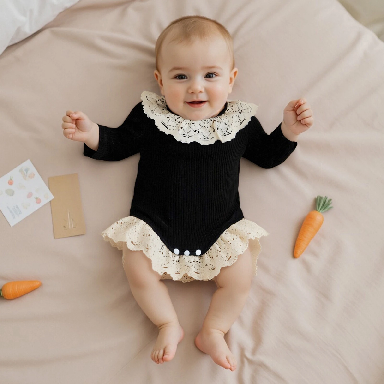 طفلة الخريف عارضة رومبير الرضع طويلة الأكمام جولة الرقبة الدانتيل تقليم حللا #1