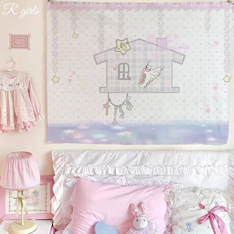 VIKAMA Soft Girl Wind Tapestry Wall Hanging Home Decor for Bedroom Living Room Dorm Light Pink Grid Star Aesthetic Anime