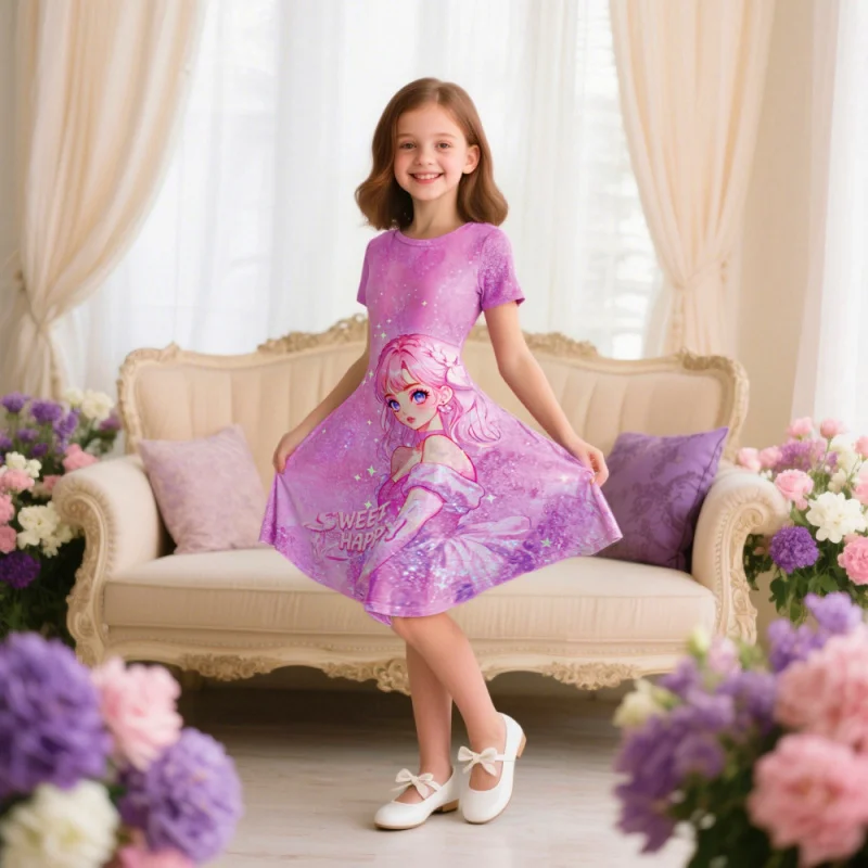 

2025 Gentle and Sweet Girls' Dress, Printed with Lovely Cartoon Princess Patterns! Suitable for Parties and Playdates