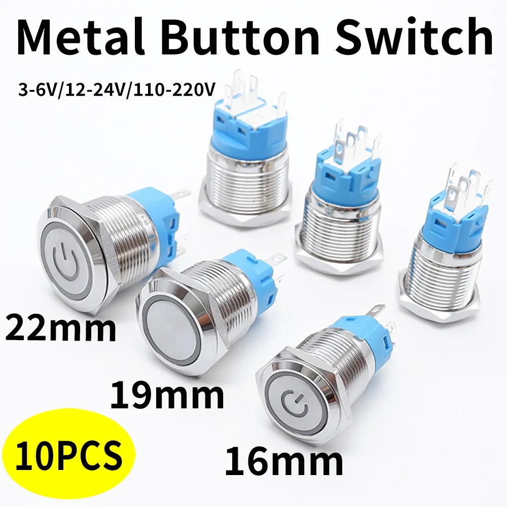 10pcs 16/19/22mm Waterproof Metal Push Button Switch LED Light Button Without Fixation Car Engine Power Switch 5V 12V 24V 220V