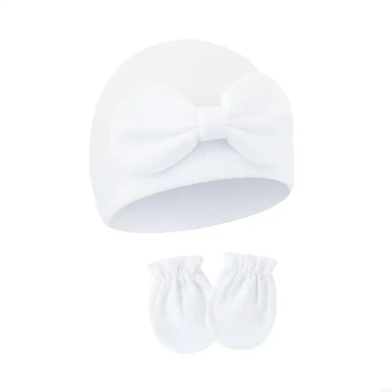 

R66D Anti-scratch Gloves with Hat Newborns Bowknot Bonnet Soft Breathable for Baby