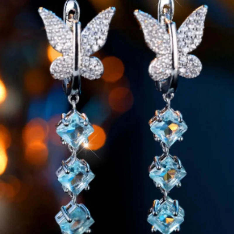 2026 New European and American New Full Zircon Butterfly Earrings Long Blue Treasure Square Niche High-end Jewelry for Women