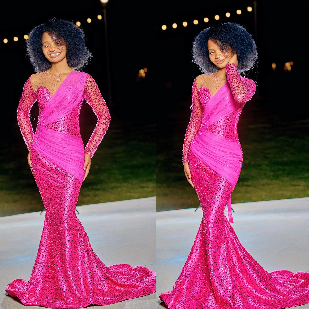 

Fuchsia Mermaid Prom Dresses Sparkly Beads Sheer Neck Long Sleeve Birthday Party Evening Gowns Robe De Bal