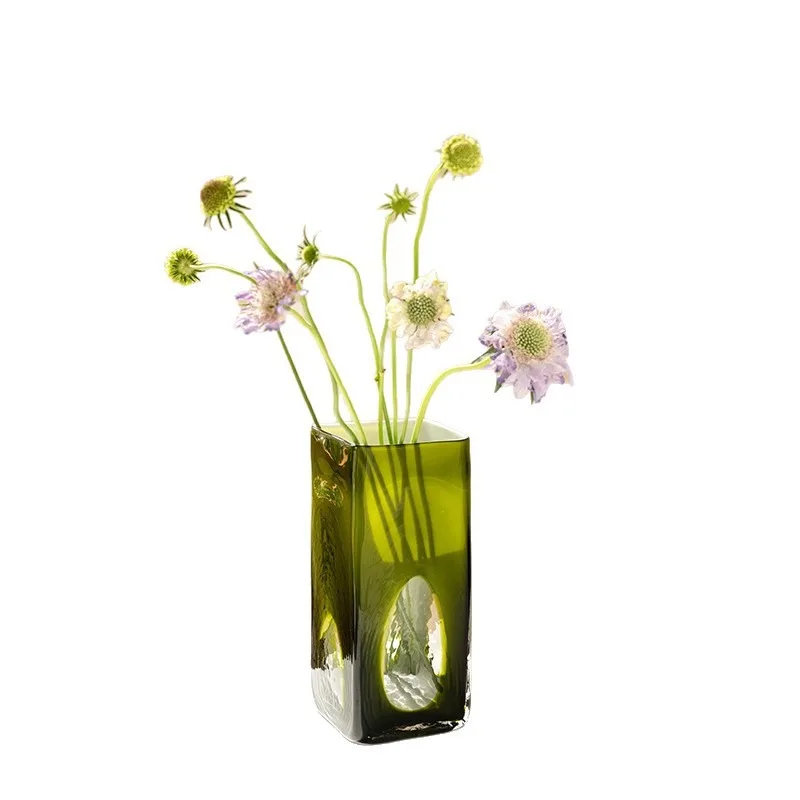 For green glass vase flower arranger, simple desktop ornament, home decoration