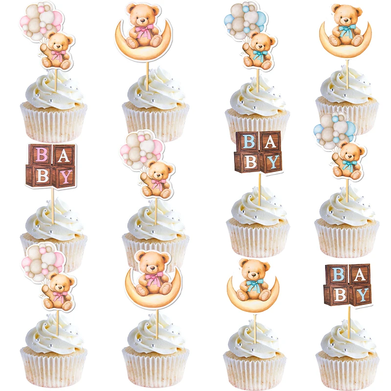 12/24pcs Cute Baby Shower Bear Cupcake Toppers Baby Bear Theme Cake Decorations Bear Birthday Party Cake Decorative Supplies