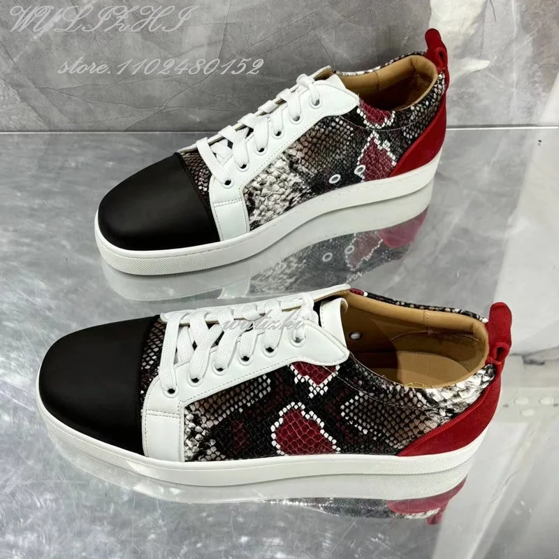 Snake Leather Black Stitching Red Sneakers Men Flat Casual Women Sports Lace-Up Mules Patchwork Spring Fashion Shoes Office Lady