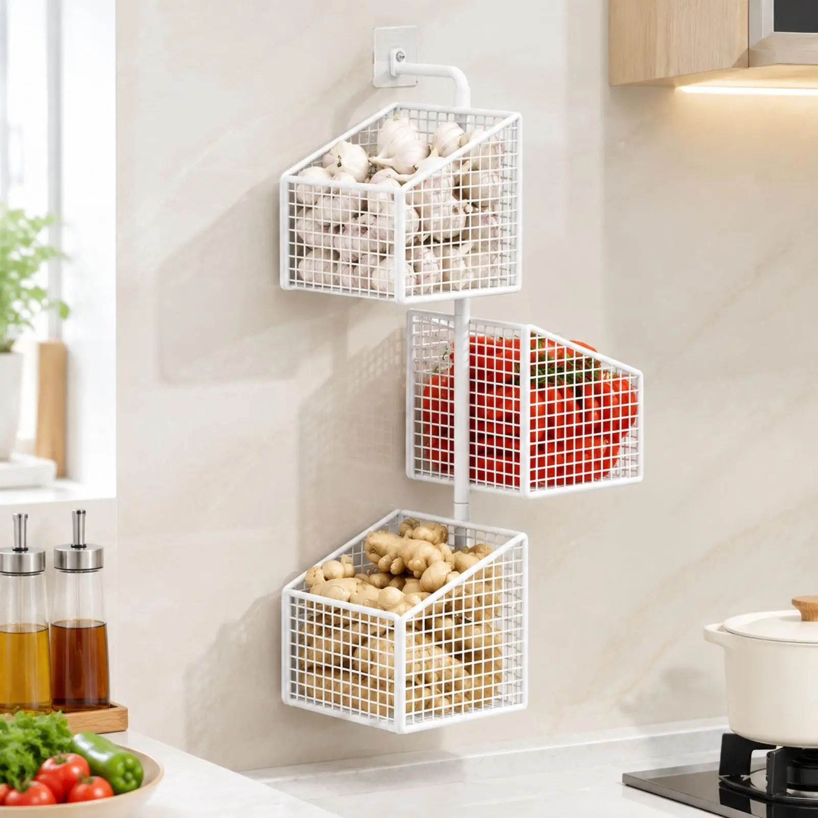 Wall Spice Rack Swivel Metal Basket Organizer for Kitchen Cabinet Pantry Storage with Open Design