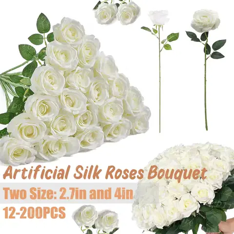 12-200 Pieces Artificial Rose Flowers Bulk Long Stem Realistic Fake Silk Bouquet for Wedding Birthday Home Party Decoration