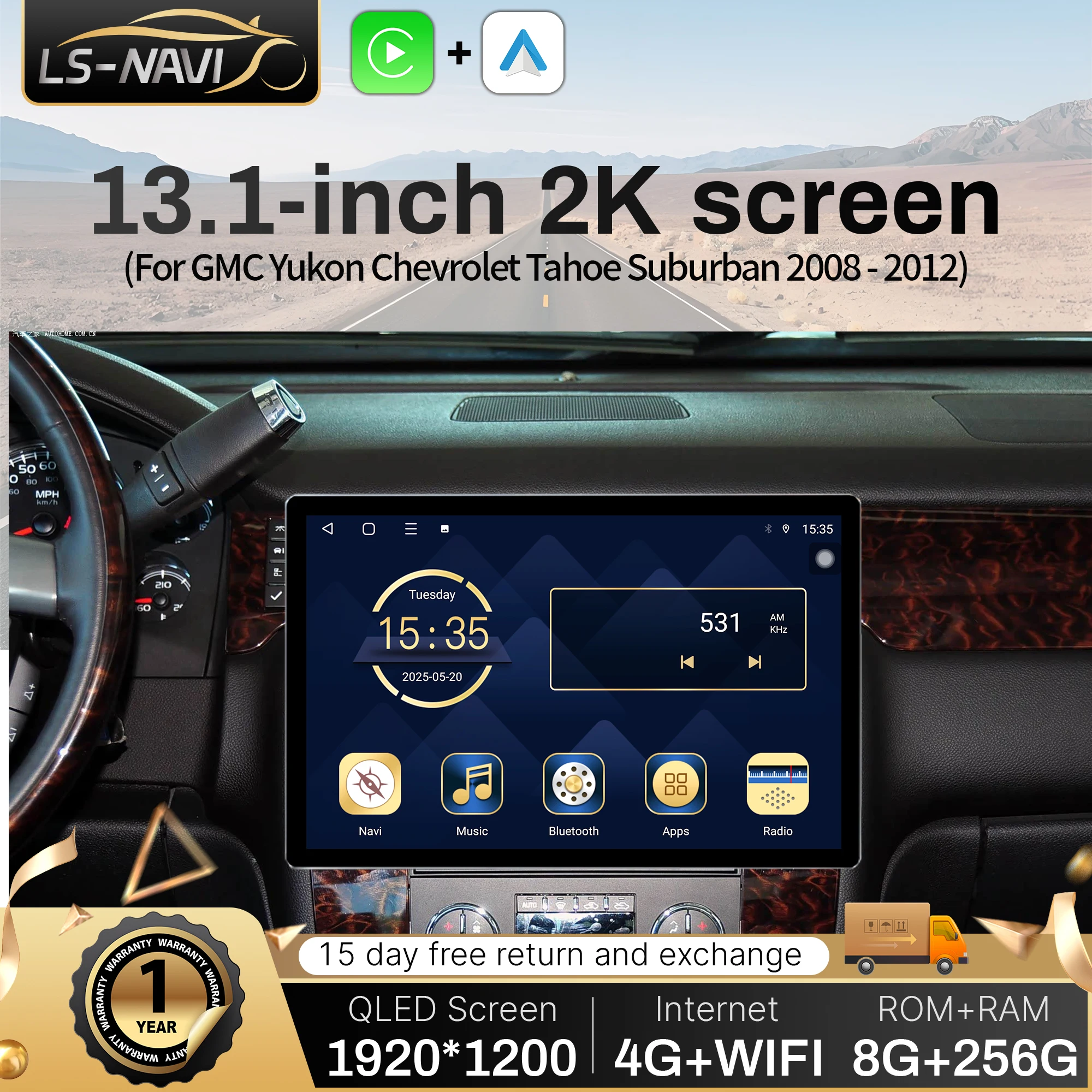 13.1“Android For GMC Yukon Chevrolet Tahoe Suburban 2008-2012 Car Radio Wireless Carplay GPS Multimedia QLED Screen Stereo