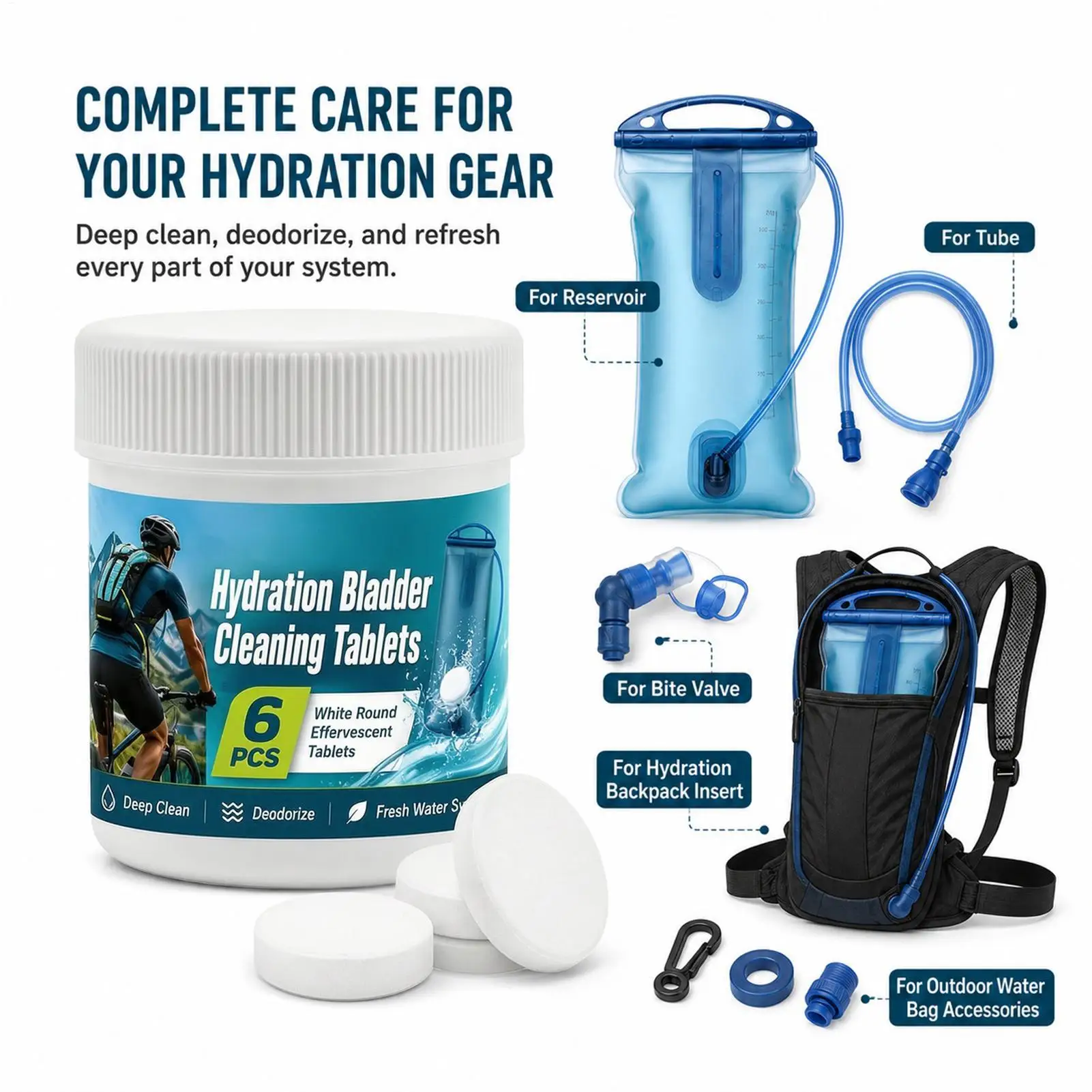 Hydration Bladder Cleaning Tablets 6 Pieces Effervescent Drinking Bladder Purifier Tablets Camping Water Purification for Hiking