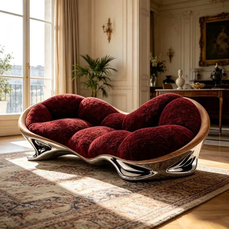Red fluffy plush curved home sofa, wood grain fiberglass trim, smooth mirror support feet,suitable fo interior decoration