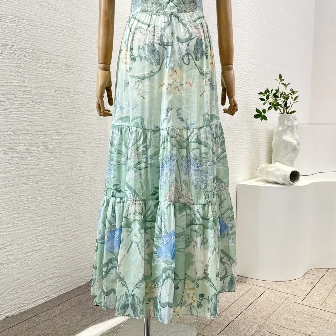 Vestido largo con estampado Floral verde menta para mujer, maxivestido con diamantes prensados sin mangas, corte de vientre, cierre de cremallera trasera Invisible, 2024