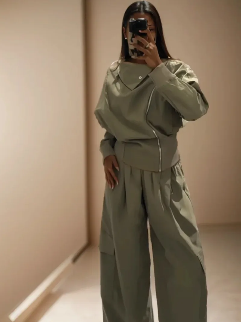 

Spring Sport New Two Piece Set Women Casual Irregular Collar Full Sleeve Zipper Jacket Wide Leg Pockets Pants Loose Lady Suit