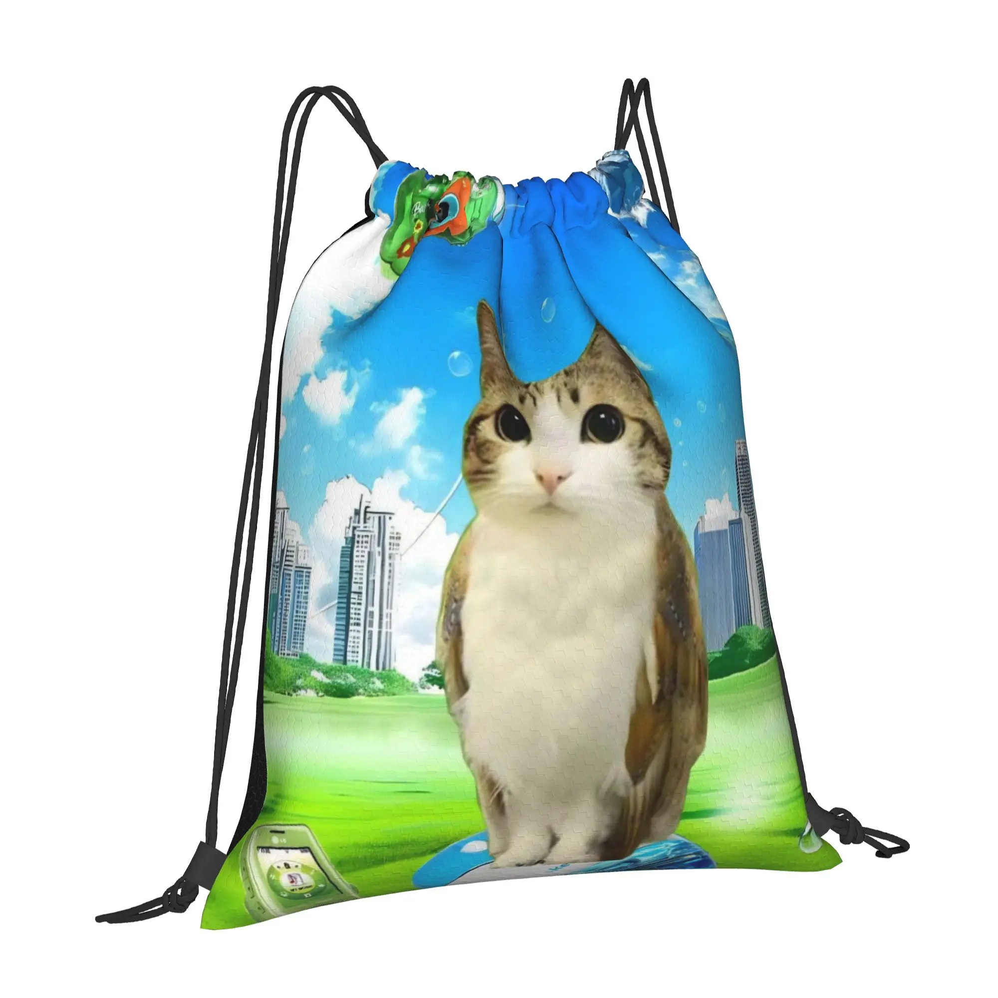Meowl Cat Owl Meme Drawstring Backpack Sports Gym Sackpack Water Resistant  String Bags for Yoga