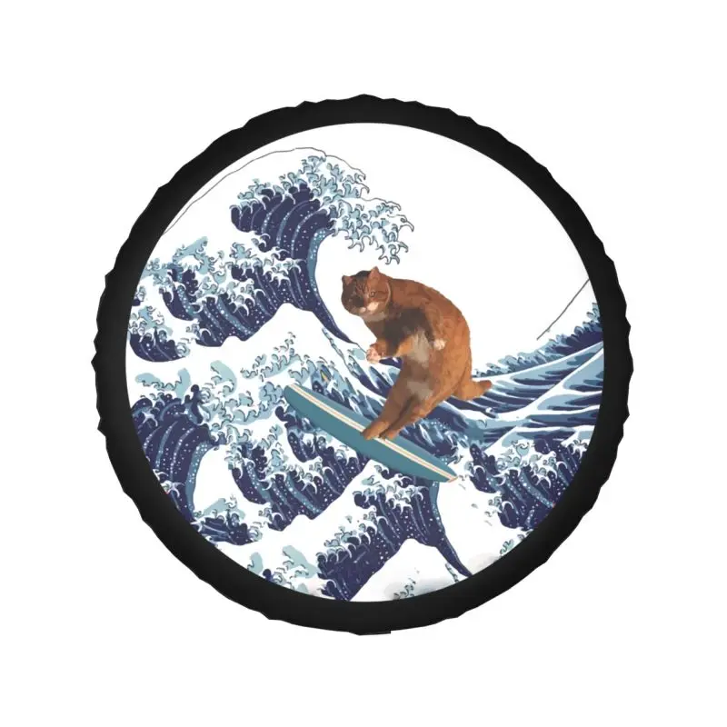 Funny Cat Surfing The Great Wave Off Kanagawa Spare Wheel Cover Fit for Jeep Hummer 4WD RV Tire Protector 14