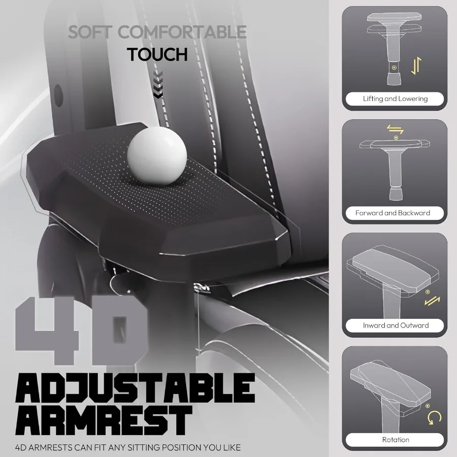 كرسي ألعاب مريح من جلد البولي يوريثان مع مساند للذراعين رباعية الأبعاد قابلة للتعديل ومسند قدم مدمج للبالغين والمراهقين بكم مكتب عالي الظهر #6