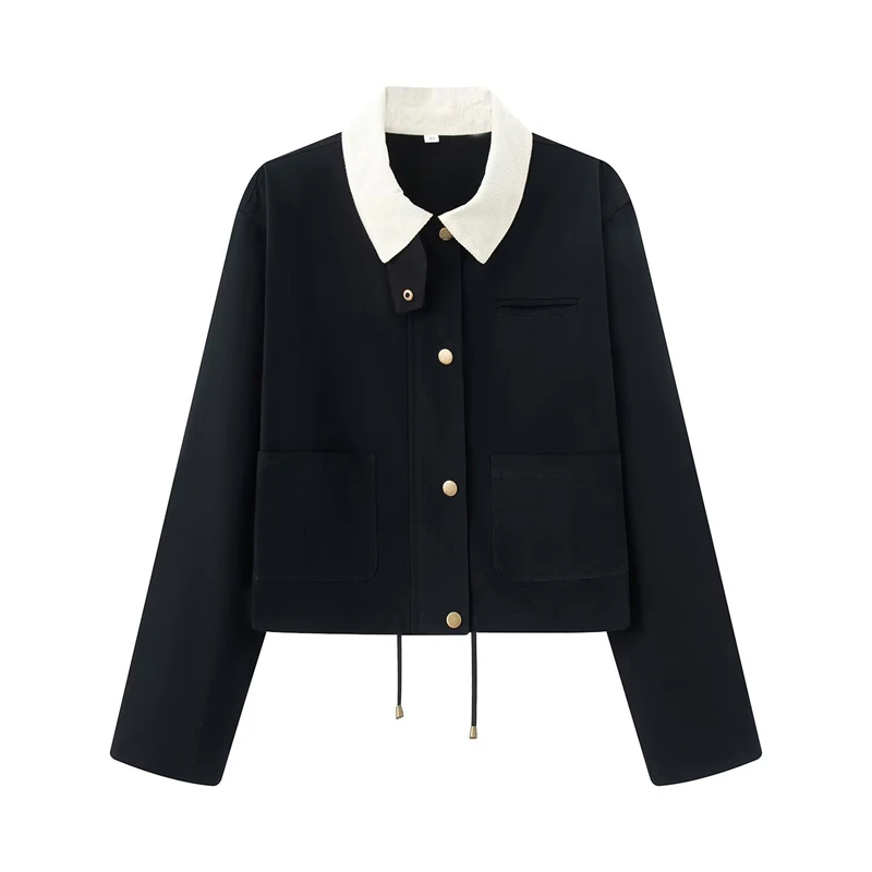 Ladies Contrast Collar Short Cargo Jacket Metal Snap Buttons Multi Pockets Drawstring Hem Loose Casual Outer Tops