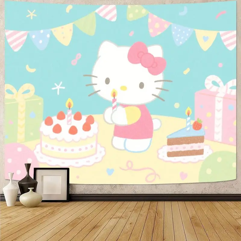 

1 шт. гобелен Sanrio Hello Kitty для дня рождения, светло-голубой настенный рисунок Kawaii с тортом и подарками, декор из полиэстера для комнаты девочки