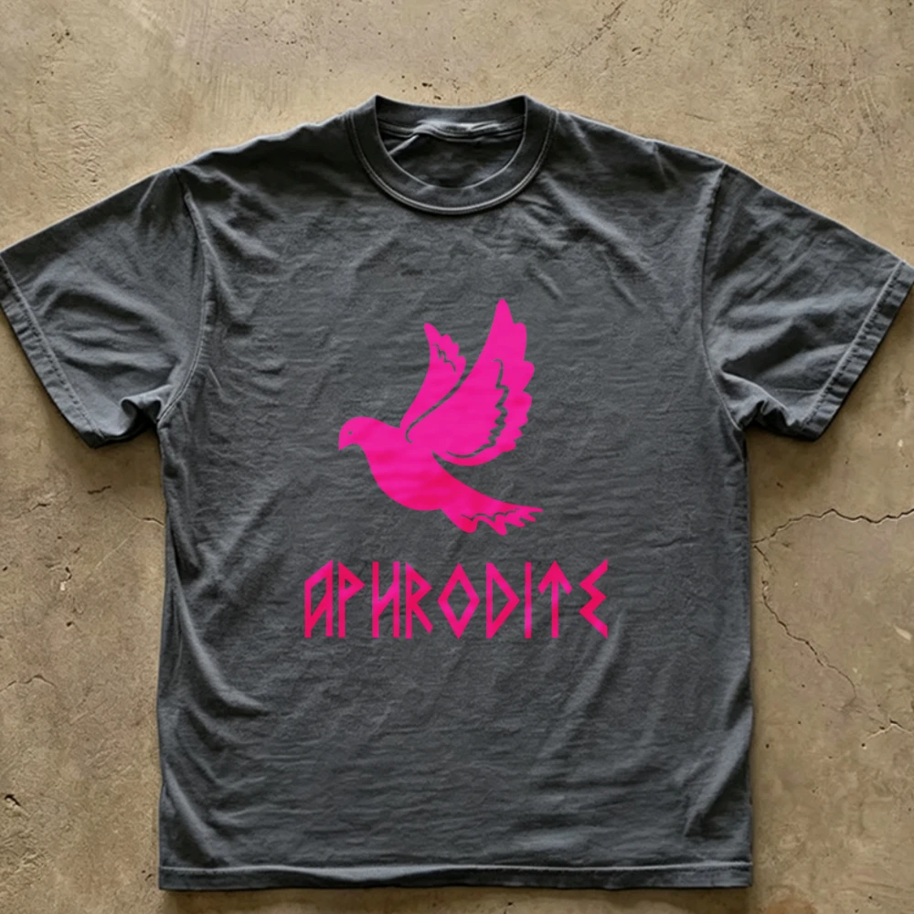 Aphrodite Dove Symbol Camp Half‑Blood T‑Shirt Cotton Percy Jackson Greek Goddess of Love Pink Bird Ancient Rune‑Style Font Tops