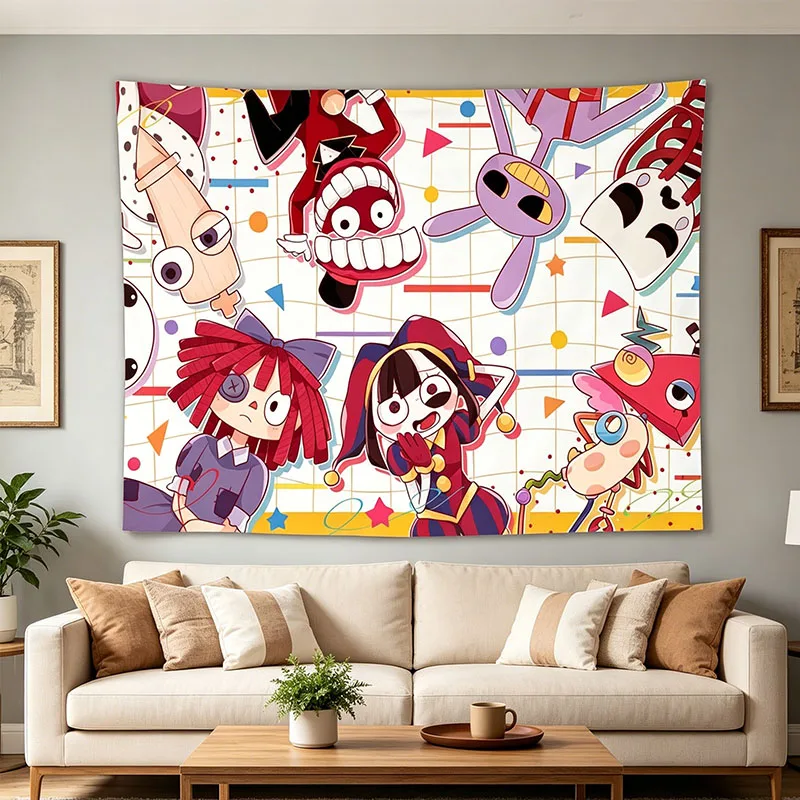 A-Amazing D-Digital C-Circus Tapestry Full Pomni Ragatha Jax Cartoon Characters Print Wall Hanging Anime Tapestry for Teens Bedr