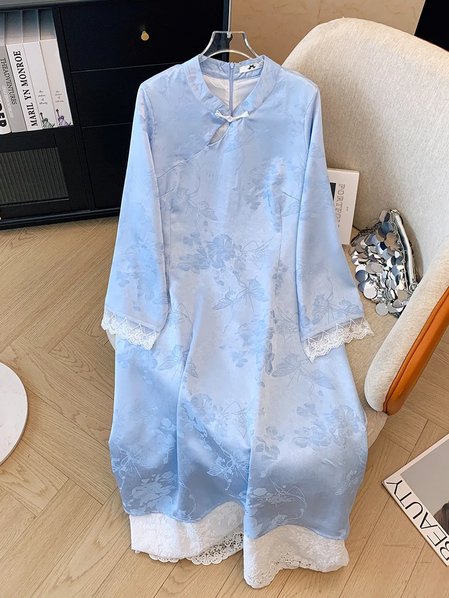 150Kg Plus Size Women's Bust 153 Spring Autumn Loose New Chinese Style Cheongsam Buttoned Jacquard Dress Blue 6XL 7XL 8XL 9XL