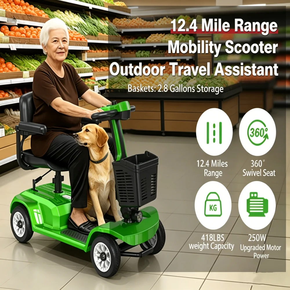 

Unificare Green 4-Wheel Electric Mobility Scooter for Seniors Adults Foldable Carbon Steel Frame Dual Mode Adjustable 12Ah