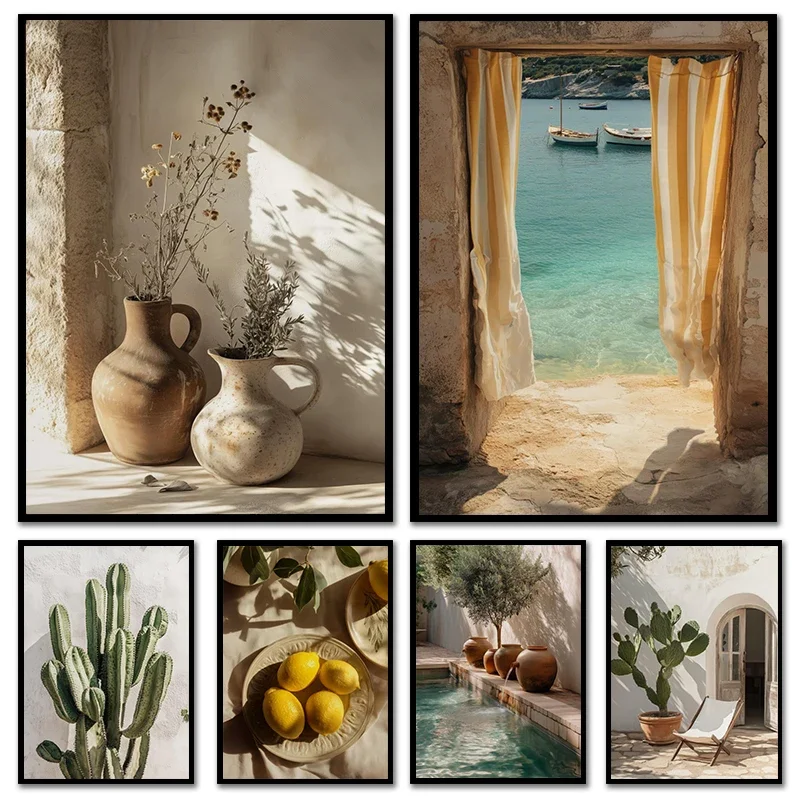Boho Olive Tree Terracotta Vase Poster Mediterranean Arch Architectural Canvas Painting Print Wall Art Living Room Home Decor