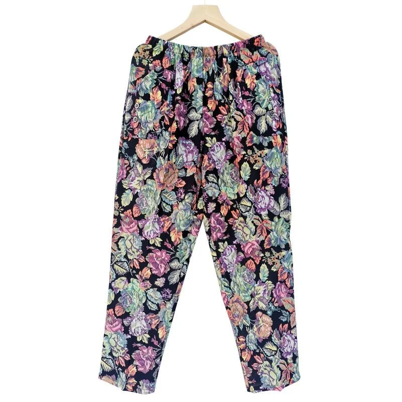 Summer Thin Pants Ice Silk Stretch Pants For Middle-aged And Elderly Women Loose Straight Tube Casual Printing Mom Pants Grandma