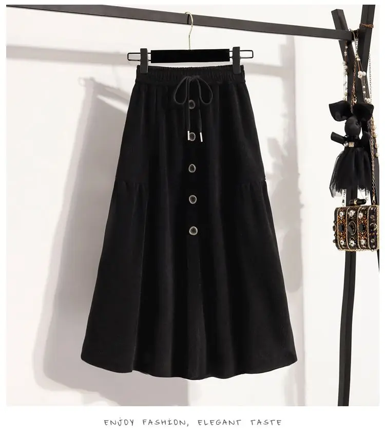 Women's Knit A-Line Skirt With Button Front And Drawstring Waist For Casual Office Wear In Solid Color