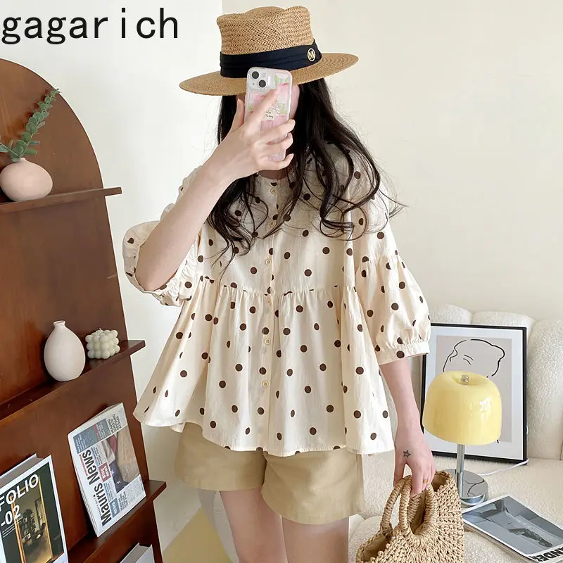 Gagarich Sweet Loose Polka Dot Color Contrast Folds Blouse Woman Gentle O-neck Lantern Sleeves Single Breast Versatile Shirt Ins