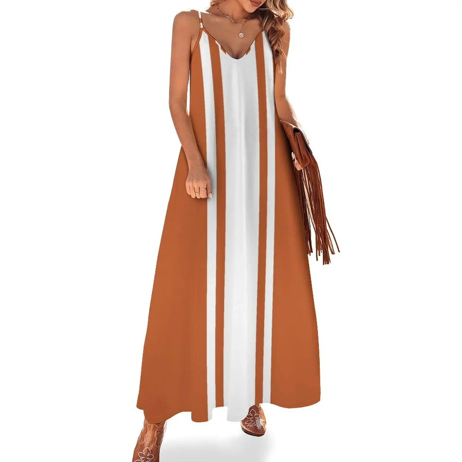 

Burnt Orange & White Vertical Power Stripe Sleeveless Dress Summer women's clothing Dress woman Woman fashion Dress
