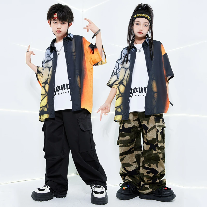 Disfraz de baile de Jazz para niños y niñas, ropa de calle fresca, Hip Hop, Camisa estampada, pantalones de camuflaje, traje Kpop de escenario, SL10706