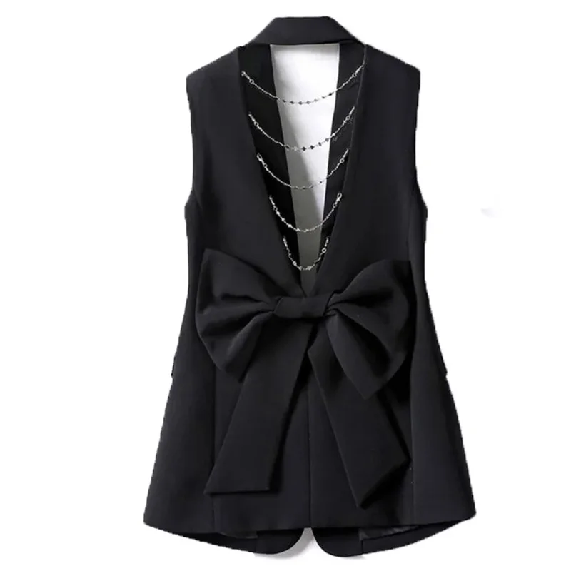 

Sleeveless Cardigan Vest Women 2024 Ropa Mujer Fashion Hollow Out Chain Bow Waistcoat Tunic Fashion Black Tanks Korean Y2k Tops