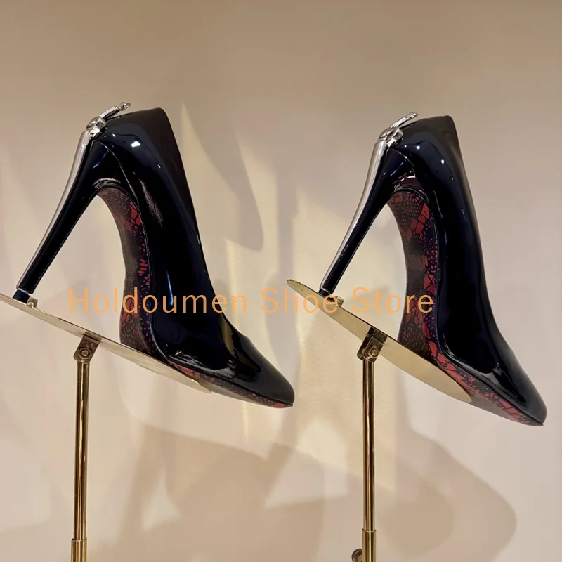 Retro Black Patent Leather Sexy Metal Scepter Heel Shape Pumps Point Toe Strange Style Heel Gold Silver Fastener Stiletto Pumps